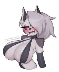 1girls 2022 amadeen anthro areola areola_slip areolae areolae_peeking belly_button big_breasts black_clothing blush blushing_profusely bra breasts breasts_bigger_than_head canid canid_demon choker cleavage clothing collar ear_piercing ear_scar elbow_gloves eyebrows eyelashes eyeshadow female female_only fur furry furry_ears furry_only grey_eyeshadow grey_fur hair_over_one_eye hellhound helluva_boss hi_res highres huge_breasts large_breasts loona_(helluva_boss) navel nose open_mouth red_sclera sharp_teeth short_hair simple_background skindentation solid_color_background solo string_bikini sweat sweatdrop teeth teeth_showing tongue white_background white_eyes white_fur white_hair wolf wolf_ears wolf_girl