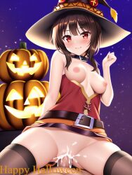 ai_generated breasts brown_hair cowgirl_position cum cum_in_pussy cum_inside eye_contact halloween hat kono_subarashii_sekai_ni_shukufuku_wo! looking_at_viewer megumin missing_finger nai_diffusion night pumpkin red_eyes spooky stable_diffusion thigh_highs thighhighs thighs