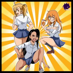 3girls ass big_ass big_breasts black_hair blonde_hair breasts brown_eyes clothed clothing curvy female_focus female_only frank_araya gamo-chan hayase_nagatoro jojo_pose jojo_reference long_hair looking_at_viewer looking_back medium_hair open_mouth orange_hair please_don't_bully_me,_nagatoro pose revealing_clothes smile tan tan_skin tanned watermark yoshi_(nagatoro)