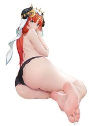 1girls ass baige0 bangs barefoot black_panties feet female female_only from_behind genshin_impact green_eyes hair_ornament half_naked highres horns long_hair looking_at_viewer looking_back nilou_(genshin_impact) panties red_hair soles solo thighs underwear veil