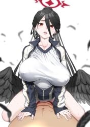 1boy absurdres black_hair black_wings blue_archive blush bottomless breasts covered_nipples feathered_wings feathers female gym_uniform hair_between_eyes hasumi_(blue_archive) hasumi_(gym_uniform)_(blue_archive) highres jacket justice_task_force_(blue_archive) large_breasts long_hair looking_at_viewer mole mole_under_eye official_alternate_costume open_mouth ponytail pov red_eyes sex shiwasu_no_okina simple_background sleeves_past_wrists straight sweat trinity_general_school_student white_background wings