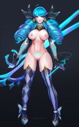 ankle_bow ankle_cuffs ass_visible_through_thighs asymmetrical_legwear badcompzero blue_eyes blue_hair blue_lingerie blue_tattoo cleavage curvy drill_hair earrings exposed_breasts exposed_nipples exposed_pussy exposed_torso female female_only gloves glowing_tattoo gwen_(league_of_legends) hourglass_figure large_breasts league_of_legends looking_at_viewer needle nipples pubic_tattoo pussy revealing_clothes scissor_blade smile stockings tattoo thigh_gap thighhighs twin_drills twintails unusual_pupils weapon weapons