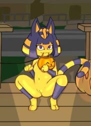 animal_crossing ankha ankha_(animal_crossing) anthro ass atecky blue_hair breasts collar digital_media_(artwork) domestic_cat egyptian felid feline felis female fur genitals hair headgear hi_res holidays leash mammal nintendo nipples nude purple_eyes pussy solo video_games yellow_body