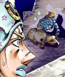 2boys ass beanie big_ass blue_beanie blue_lips bubble_butt diego_brando edited_official_artwork funny johnny_joestar jojo's_bizarre_adventure looking_at_ass male_focus male_only steel_ball_run tagme