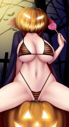 background baru_(val-val) bats belly belly_button between_labia bikini breasts candy female female_only g-string halloween headless_horseman headless_horsewoman highleg_bikini holding_candy holding_lollipop jack-o'-lantern large_breasts lolipop long_nails nipple_bulge nipples_visible_through_clothing orange_nail_polish orange_nails pumpkin pumpkin_head pussy_lips rule_63 sharp_fingernails sharp_nails sitting_on_pumpkin skimpy_bikini spooky striped_bikini thighs val-val