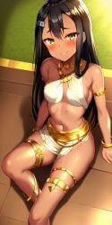 1girls ai_generated black_hair blush breasts brown_eyes clothed clothing egyptian egyptian_clothes egyptian_mythology female_focus female_only hayase_nagatoro hi_res long_hair looking_at_viewer nai_diffusion navel pixiz-sama please_don't_bully_me,_nagatoro revealing_clothes simple_background small_breasts smile solo stable_diffusion tan tan_skin tanned