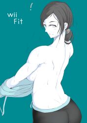 ! 1girls ass back black_hair breasts capri_pants colored_skin grey_eyes grey_hair hair_ornament hi_res highres large_breasts long_hair looking_back nintendo pants ponytail short_hair simple_background smile solo spandex sukage sweat tank_top topless undressing white_eyes white_skin wii_fit wii_fit_trainer