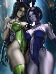 2022 2girls big_breasts breasts bunny_ears bunny_girl bunnysuit cleavage dandon_fuga dc dc_comics disney disney_channel goth goth_girl green_eyes green_hair grey_skin impossible_clothes jewelry kim_possible large_breasts latex_leotard leotard long_hair medium_breasts punk purple_hair rachel_roth raven_(dc) realistic shego short_hair superheroine teen_titans thighhighs violet_hair