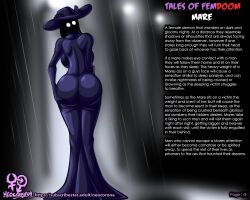 1girls 2d back_boob big_ass big_breasts black_hair black_skin blurry_background demon demon_girl english_text faceless_character faceless_female female femdom femdom_caption gloves grabbing_own_ass looking_at_viewer looking_back mare massive_ass neocorona purple_clothing purple_dress purple_gloves purple_sun_hat rain raining skintight skintight_clothing solo sun_hat sunhat tagme white_eyes