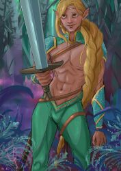 blonde_hair cute_male eikasiaphili elf elf_boy fantasy femboy fit_male gay half-dressed half_naked muscles muscular_male safe sfw very_long_hair_male yaoi