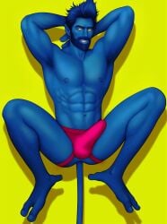 armpits arms_behind_head blue_hair blue_skin drawnpr0n erection_under_underwear jockstrap kurt_wagner looking_at_viewer male male_only marvel muscles muscular muscular_male nightcrawler spread_legs tail x-men x-men_evolution