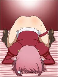 1girls ass ass_focus ass_up brown_boots clothed_female dogeza female female_focus female_only huge_breasts hypnosis kneeling kneeling_down kneeling_on_bed large_breasts light-skinned_female lisbeth mind_control nicchi_sangyou on_bed pink_hair red_dress shinozaki_rika short_hair sword_art_online