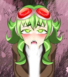 1girls 2d 2d_(artwork) ahe_gao ahegao blowjob blush blushing censored censored_penis cum_in_mouth cum_on_face female female_focus goggles goggles_on_head green_eyes green_hair gumi looking_up looking_up_at_partner looking_up_at_viewer megpoid megpoid_gumi school_uniform teary_eyes vocaloid