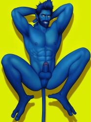 armpits arms_behind_head blue_hair blue_skin boner drawnpr0n erect_penis erection hard_on kurt_wagner looking_at_viewer male male_only marvel muscles muscular muscular_male nightcrawler spread_legs tail x-men x-men_evolution