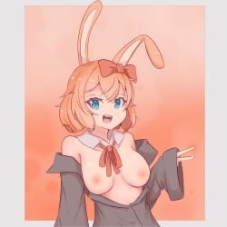 1girls blue_eyes bow bunny_ears bunny_girl collar doki_doki_literature_club female just_sayori looking_at_viewer naked nude open_mouth orange_hair peace_sign red_bow sayori_(doki_doki_literature_club) school_uniform solo theartistaurora uniform v