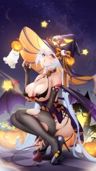 1girls 2022 alternate_breast_size big_penis halloween high_heels high_resolution liu_liaoliao looking_at_viewer micro_bikini_top original original_character pink_lipstick seductive_look short_hair stockings tagme white_hair witch_hat