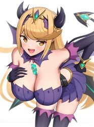 1girls bangs bending_over blonde_hair breasts cleavage core_crystal female gold_eyes gonzarez halloween hi_res horns huge_breasts leaning_forward light-skinned_female light_skin long_hair looking_at_viewer mythra nintendo succubus succubus_costume swept_bangs tail tail_accessory xenoblade_(series) xenoblade_chronicles_2