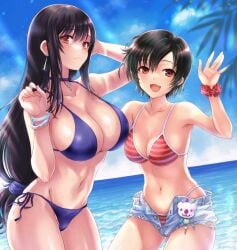 2girls bikini bikini_under_clothes black_hair bracelets breasts choker clouds earrings final_fantasy final_fantasy_vii jean_shorts large_breasts long_hair looking_at_viewer low-tied_long_hair medium_breasts midriff navel ocean orange_eyes outside palm_tree purple_bikini purple_swimsuit red_bikini red_swimsuit short_hair shorts shorts_unzipped side-tie_bikini side-tie_swimsuit sideboob sky striped_bikini striped_swimsuit swimsuit swimsuit_under_clothes tifa_lockhart unbuttoned_shorts water white_bikini white_swimsuit wrist_scrunchie yano_takumi yuffie_kisaragi