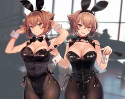 1girls black_leotard blurry_background breasts brown_hair bunny_ears corset detached_collar fake_animal_ears green_eyes highleg highleg_leotard holding_riding_crop holding_whip kantai_collection kasumi_(skchkko) large_breasts leotard looking_at_viewer mutsu_(kantai_collection) painted_fingernails pantyhose playboy_bunny riding_crop short_hair side-tie_leotard whip wrist_cuffs