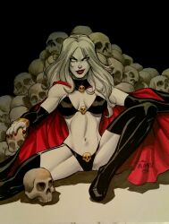 1girls big_breasts bulging_breasts chaos_comics coffin_comics curvaceous curvy_figure death_(personification) female_focus female_only grim_reaper highres lady_death long_hair looking_at_viewer queen_of_the_dead scott_dalrymple seductive_look tagme voluptuous_female white_hair