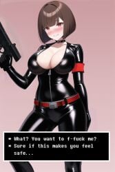 1girls 2d aged_up ai_generated alternate_universe armband belt big_breasts blush brown_hair catsuit chara cleavage dialogue embarrassed english english_text female female_only holding_gun latex mercenary nai_diffusion red_eyes solo stable_diffusion talking text text_box undertale undertale_(series)