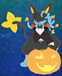 balls eeveelution feral food fruit generation_4_pokemon generation_6_pokemon genitals halloween hi_res holidays hybrid luxray male male_only nintendo pixelyteskunk plant pokemon pokemon_(species) pumpkin sanas smile smirk solo sylveon vampire video_games