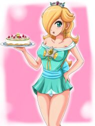 1girls blonde_hair blue_eyes blue_panties breasts cake crown earrings food hair_over_one_eye hand_on_hip holding_plate long_hair looking_at_viewer mario_(series) medium_breasts nintendo painted_fingernails panties plate princess_rosalina sigurdhosenfeld star_earrings strawberry super_mario_galaxy waitress waitress_uniform