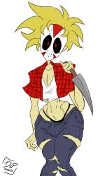 1male afourteen big_ass black_eyes blonde_hair bottom_heavy bottomwear bulge_through_clothing dsptoons femboy gay knife lil_darkie mask masked masked_male panties penis_under_clothes red_eyes spider_gang wide_hips