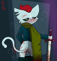 absurd_res annoyed anthro blood bodily_fluids bottomwear bottomwear_down clothed clothing domestic_cat felid feline felis female genital_fluids genitals hi_res holding_object holding_sword holding_weapon in_heat leaking looking_at_viewer looking_back mammal melee_weapon night_in_the_woods palecat pants pants_down partially_clothed pussy pussy_juice scratches solo sword weapon whiskers wounded yaldabroth