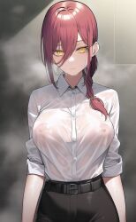 1girls ai_generated belt black_pants braid braided_hair breasts chainsaw_man clothing erect_nipples expressionless female fully_clothed large_breasts light-skinned_female light_skin makima_(chainsaw_man) nai_diffusion nipples no_bra office_lady pale-skinned_female pale_skin pants red_hair redhead see-through see-through_clothing solo solo_female stable_diffusion wet wet_clothes white_shirt yellow_eyes