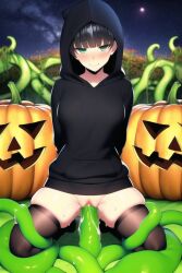 1girls ai_generated arms_behind_back bangs black_hair consensual_tentacles green_eyes halloween hoodie kneeling medium_breasts nai_diffusion night pale-skinned_female pale_skin plant_sex pumpkin short_hair stable_diffusion tagme tentacle tentacle_sex thick_thighs thighhighs vaginal_penetration vines wet_pussy