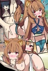 1boy 2022 ahe_gao apoelayoshi7 bikini black_eyes black_hair blush brown_hair female iwatani_naofumi licking_penis long_hair naofumi_iwatani raccoon_ears raccoon_girl raccoon_tail raphtalia red_eyes sex_from_behind short_hair tate_no_yuusha_no_nariagari tongue_out uncensored