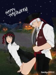 1boy1girl before_sex bent_over black_hair braids costume earrings halloween halloween_costume hat hatake_kakashi headband himehatake holding_object imminent_sex jewelry lipstick looking_at_ass looking_at_partner looking_down makeup male/female naruto naruto_(series) naruto_shippuden outdoors outfit pants presenting presenting_ass sexually_suggestive shirt shizune silver_hair skirt sleeves_rolled_up standing sword twerking unmasked vest