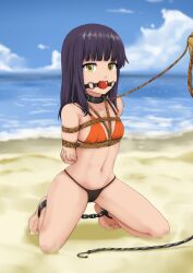 1girls ankle_cuffs arms_tied_behind_back ball_gag beach bikini black_bikini_bottom black_hair bondage breasts chains clouds collar gag gagged harukana_receive kertaspatah kneeling leash long_hair looking_at_viewer midriff navel ocean orange_bikini_top outside rope rope_between_breasts rope_bondage rope_leash sky slave small_breasts swimsuit tooi_narumi water yellow_eyes