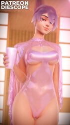 1girls 3d blender blizzard_entertainment blurry_background breasts brown_eyes clothed clothing diescope female female_only hi_res holding_object kiriko_(overwatch) light_skin looking_at_viewer overwatch overwatch_2 pink_hair pose pussy pussy_peek smile solo solo_female solo_focus standing swimsuit thick_thighs translucent_latex transparent_clothing