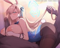 1girls 2boys animal_ears animated asuna_(blue_archive) asuna_(bunny)_(blue_archive) bangs blonde_hair blue_archive blue_bow blue_bowtie blue_eyes blue_leotard blue_ribbon blush bow bowtie breasts brown_pantyhose cleaning_&_clearing_(blue_archive) closed_mouth cum dark-skinned_male dark_skin detached_collar ejaculation fake_animal_ears female gloves hair_ribbon halo holding_another's_hair huge_breasts interracial leotard leotard_pull light-skinned_female light_skin long_hair millennium_science_school_student mmf_threesome multiple_boys nipples paizuri pantyhose penis rabbit_ears rabbit_tail ribbon sex sex_from_behind tail thighband_pantyhose threesome uncensored very_long_hair waero white_gloves