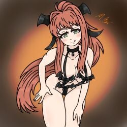 bat bats brown_hair clothing_request doki_doki_literature_club green_eyes looking_at_viewer moldybagelhere monika_(doki_doki_literature_club) naked nude smile smiling smiling_at_viewer tongue tongue_out