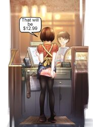 1boy 1girls annmorningstar apron ass ass_focus background barista blurry blurry_background brown_eyes brown_hair cafe calendar_(object) cash_register clerk clothed clothed_female clothed_male clothing detailed_background dialogue dress_lift duo embarrassed english_text eyes female footwear full_body fully_clothed hair indoors light-skinned_female light-skinned_male light_skin male open_eyes paddle panties_down pantyhose pantyhose_down pink_panties price rear_view red_ass secretly_loves_it shirt shoes short_hair short_sleeves skirt spank_marks spanked standing store text tiptoes upskirt