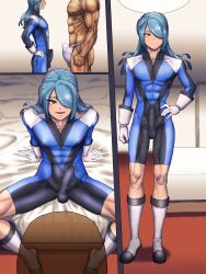 2022 2boys alternate_version_available bed bed_sheet bedroom blue_hair bodysuit dark-skinned_male dark_skin erect_penis erection erection_in_bodysuit erection_in_panties femboy ichirouta_kazemaru inazuma_eleven indoors penis sodom_shimin tight_bodysuit tight_clothes tight_clothing tight_fit twink yaoi