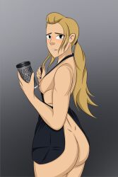 1girls adora areolae ass barista blonde_female blonde_hair blue_eyes breasts coffee_cup female female_only ghostspicy gradient_background grey_background hi_res hourglass_figure iced_latte_with_breast_milk large_ass light-skinned_female light_skin long_hair looking_at_viewer looking_back medium_breasts meme mostly_nude nipples note pencil ponytail she-ra_and_the_princesses_of_power sideboob simple_background solo solo_female starbucks thick_thighs thin_waist very_long_hair