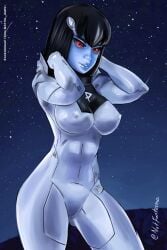 1girls 2d artist_signature big_breasts black_hair black_sclera blue_skin bodysuit breasts clothed clothing dc dc_comics female female_focus female_only female_solo highres legion_of_superheroes looking_at_viewer nipples_visible_through_clothing notfantasma phantom_girl red_eyes solo solo_female starry_background tagme thick_thighs thighs tinya_wazzo twitter_username young_justice young_justice:_phantoms