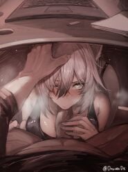 1boy 1girls =3 animal_ear_fluff animal_ears arknights bare_shoulders bent_over big_breasts black_shirt blowjob blush bottomless breasts busty cat_ears cat_girl computer dark-skinned_male dark_skin desk doctor_(arknights) dokuro_deluxe fellatio female female_focus green_eyes grey_hair hair_over_one_eye hand_on_another's_head hand_on_penis headpat heavy_breathing highres huge_breasts indoors interracial kneeling laptop large_breasts light-skinned_female light_skin long_hair long_sleeves looking_at_viewer massive_breasts oral paper pov schwarz_(arknights) shiny_skin shirt solo_focus spread_legs straight sweat twitter_username uncensored under_desk under_the_table usb v-shaped_eyebrows voluptuous