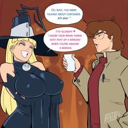 banjabu big_breasts blair_(soul_eater)_(cosplay) blonde_hair breasts costume dipcifica dipper_pines english_text funny glasses gravity_falls halloween just_fuck_already meme pacifica_northwest soul_eater speech_bubble straight_hair text