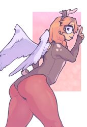 angel angel_wings ass big_ass blush braided_hair christmas chubby color curvy dot_eyes dyed_hair femboy freckles glasses glassesfetish looking_over_shoulder male mob_face oc orange_hair peace_sign riley_(glassesfetish) sfw solo thick_thighs tights tongue_out v wings