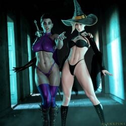 2girls 3d blankpins blizzard_entertainment female female_only fit_female grey_skin halloween legacy_of_kain mercy overwatch pharah purple_panties spooky sword tagme umah undead vampire witch witch_costume witch_hat