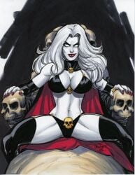 big_breasts cape chaos_comics coffin_comics death_(personification) female female_only grim_reaper highres lady_death latex_bra latex_gloves latex_thighhigh_boots long_sleeves looking_at_viewer queen_of_the_dead red_lipstick scott_dalrymple white_body white_hair white_skin