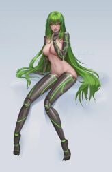 1girls big_breasts bootybear cyborg erect_nipples green_eyes green_hair highres looking_at_viewer nails nipple_bulge nude pink_nipples robotic_arms robotic_legs