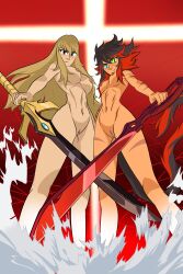 2020s 2022 2girls abstract_background adora belly_button black_eyeliner blonde_female blonde_hair blue_eyes brown_hair brown_tail canon_couple cat_ears cat_tail catra clitoris completely_nude cover crossover dark-skinned_female dark_skin derivative_work duo eyeliner female female_only freckles ghostspicy heterochromia hourglass_figure kill_la_kill large_breasts light-skinned_female light_skin long_hair low-angle_view makeup medium_breasts multiple_girls nude nude_female pussy red_hair red_tail reference reference_work scissor_blade she-ra_and_the_princesses_of_power smirk sword tail thick_thighs thin_waist two_tone_hair two_tone_tail very_long_hair weapon yellow_eyes yuri