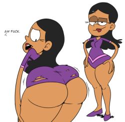 1girls ass background_character bending_over bent_over black_hair bottom_heavy breasts character_request dark-skinned_female dark_skin distancedpsyche female female_only frown half-closed_eyes leotard lipstick open_mouth pear_shaped ripped_clothing shoes smile solo solo_female solo_focus the_loud_house thick thick_thighs thighs