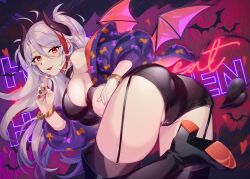 1girls ass ass_focus azur_lane bangs bare_shoulders bat_(animal) big_breasts black_footwear boots bracelet breasts choker demon_horns demon_tail female female_focus female_only floating_hair from_behind garter_straps grey_hair hair_between_eyes halloween happy_halloween high_heel_boots high_heels horns iron_blood_(azur_lane) jackets jewelry large_breasts light-skinned_female light_skin long_hair long_sleeves looking_at_viewer mimiko_(fuji_310) multicolored_hair nail_polish only_female open_clothes open_jacket parted_bangs partially_visible_vulva prinz_eugen_(azur_lane) red_hair red_nails solo solo_female solo_focus streaked_hair tail thighhighs two_side_up